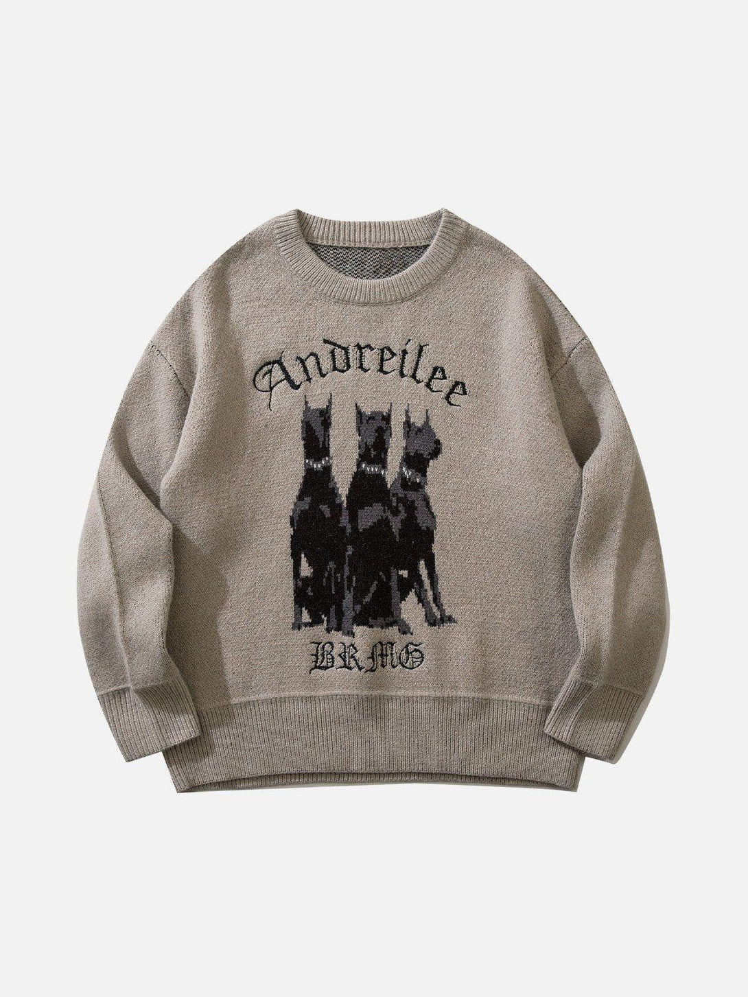 Front view of khaki Doberman print sweater by TALISHKO, featuring a bold graphic design.