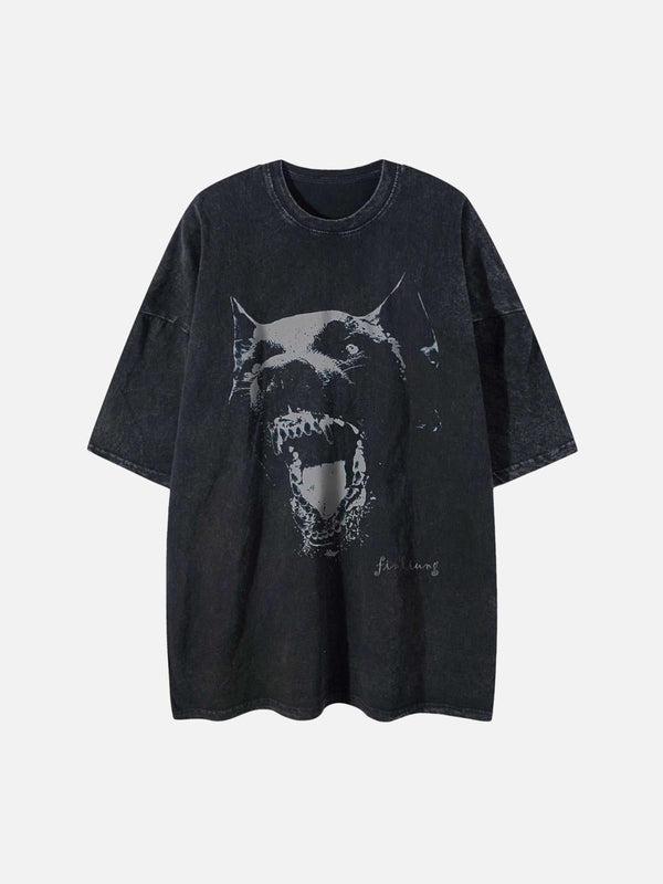 TALISHKO black t-shirt featuring a bold Doberman print, front view.