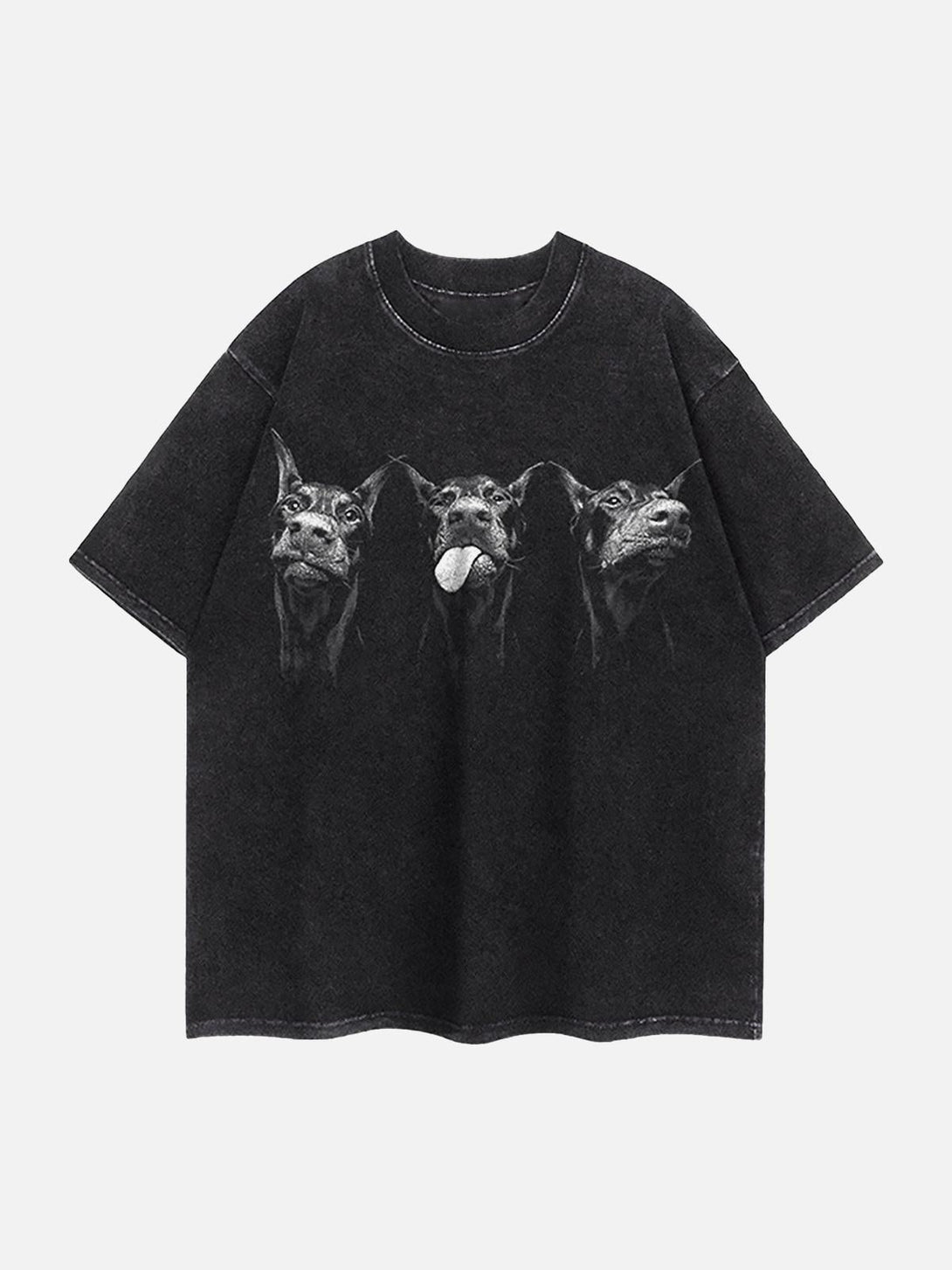 Front view of a black vintage T-shirt featuring a Doberman print, designed by TALISHKO.