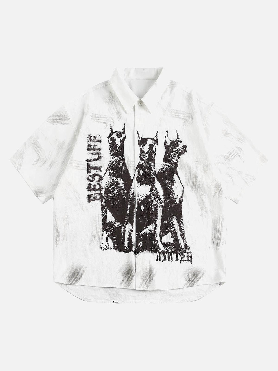 Front view of a white short sleeve shirt with a Doberman print, designed by TALISHKO.