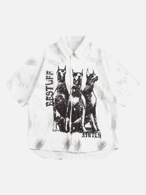 Front view of a white short sleeve shirt with a Doberman print, designed by TALISHKO.