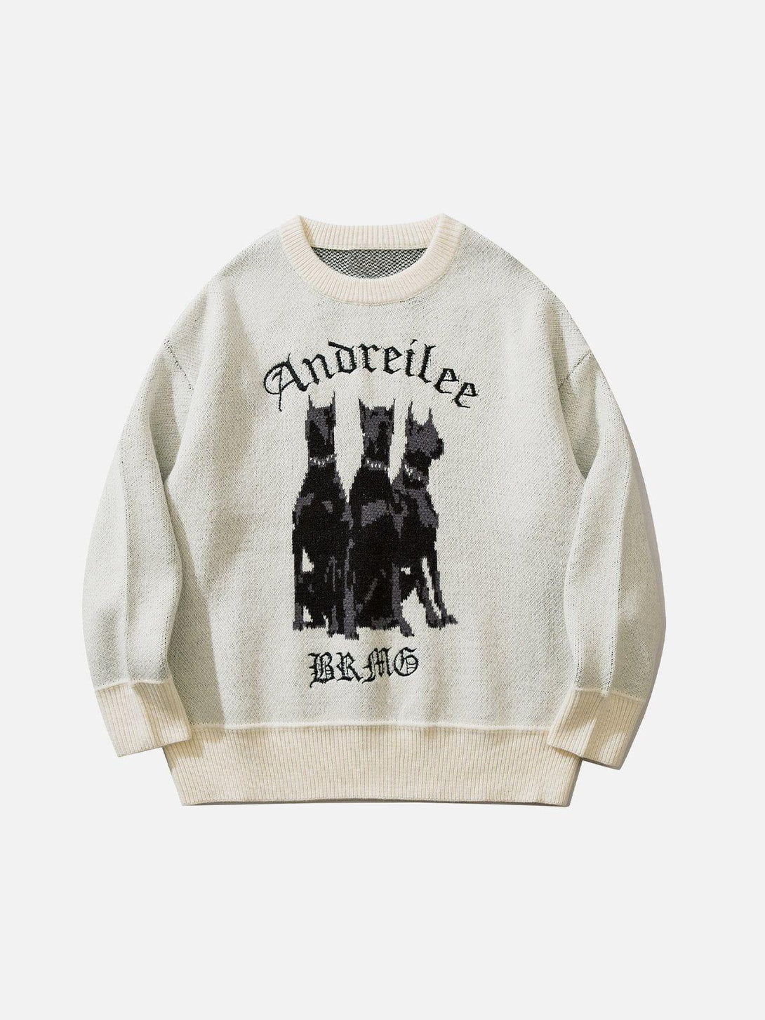 White Doberman print sweater front view by TALISHKO, featuring bold graphic design.