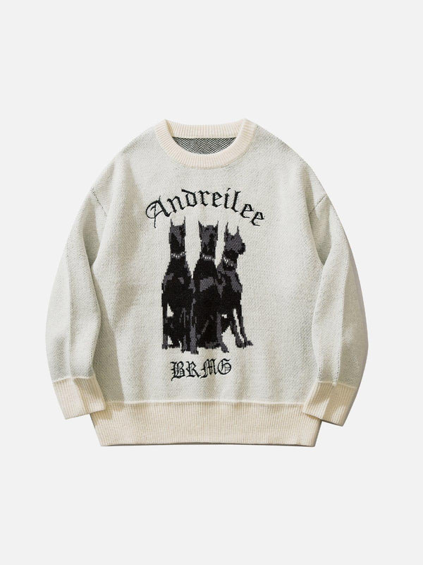 White Doberman print sweater front view by TALISHKO, featuring bold graphic design.