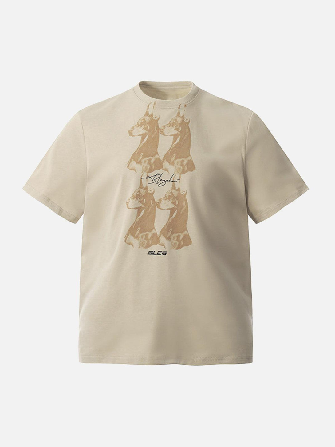 Front view of a khaki Dobermann graphic T-shirt by TALISHKO, perfect for casual summer days.