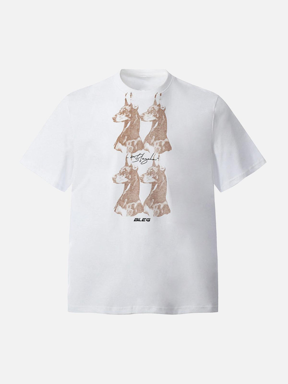 Front view of a white Dobermann graphic T-shirt by TALISHKO, ideal for warm-weather style.