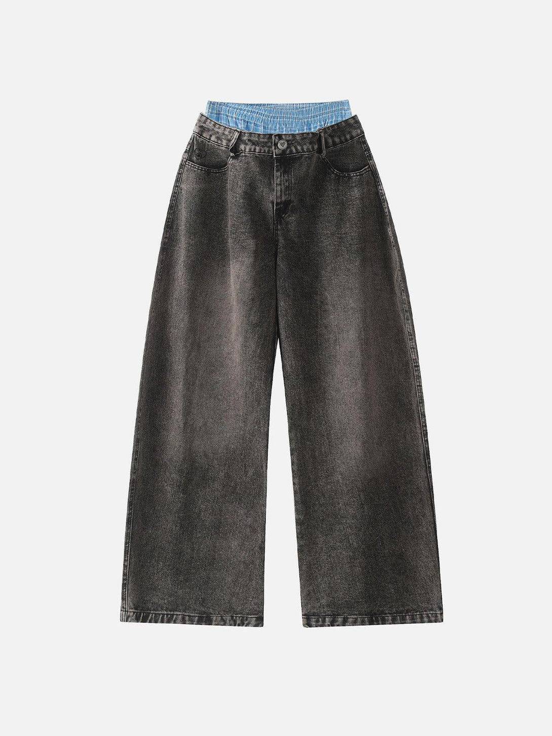 Front view of TALISHKO black double waist loose jeans, emphasizing relaxed street style.