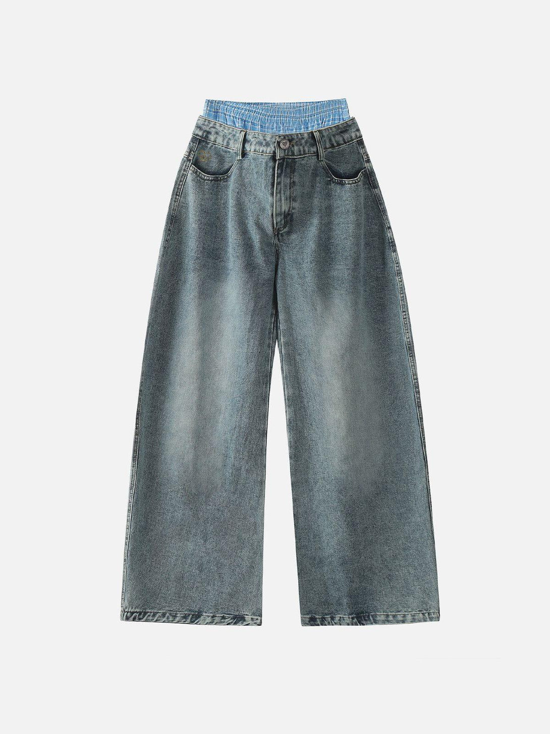 Front view of TALISHKO blue double waist loose jeans, showcasing a relaxed, urban style.