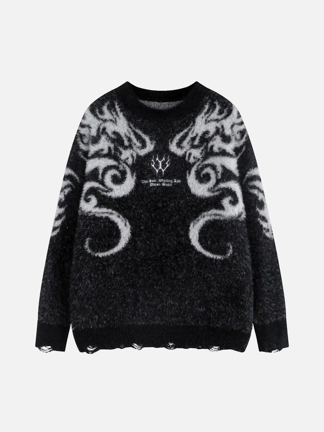 Front view of a black Dragon Mohair Jacquard Sweater by TALISHKO, featuring bold patterns.