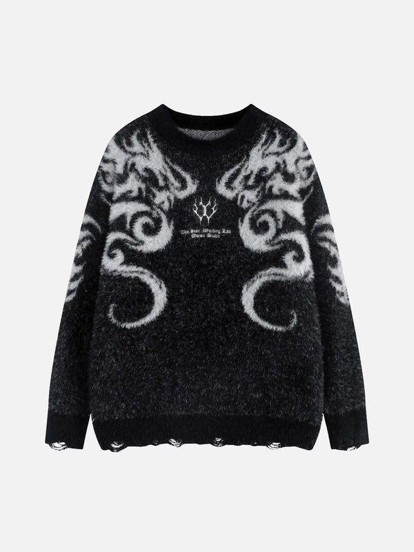 Front view of a black Dragon Mohair Jacquard Sweater by TALISHKO, featuring bold patterns.