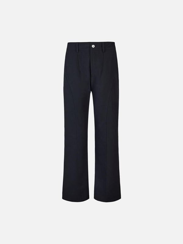 Front view of black drape straight pants by TALISHKO, highlighting sleek street style.