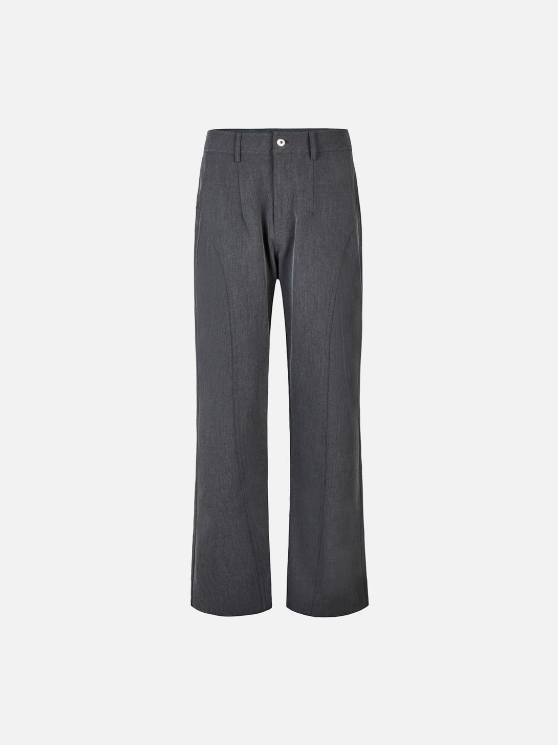Front view of gray drape straight pants by TALISHKO, featuring a refined, modern aesthetic.