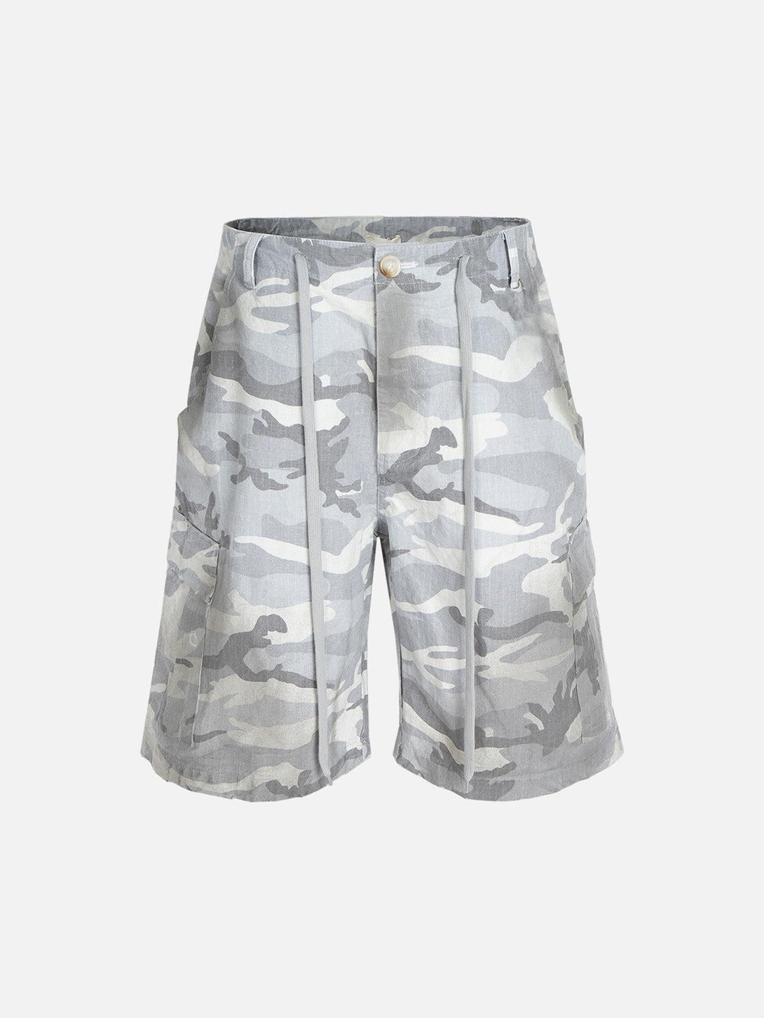 Front view of TALISHKO drawstring cargo shorts in classic camouflage, perfect for casual outings.