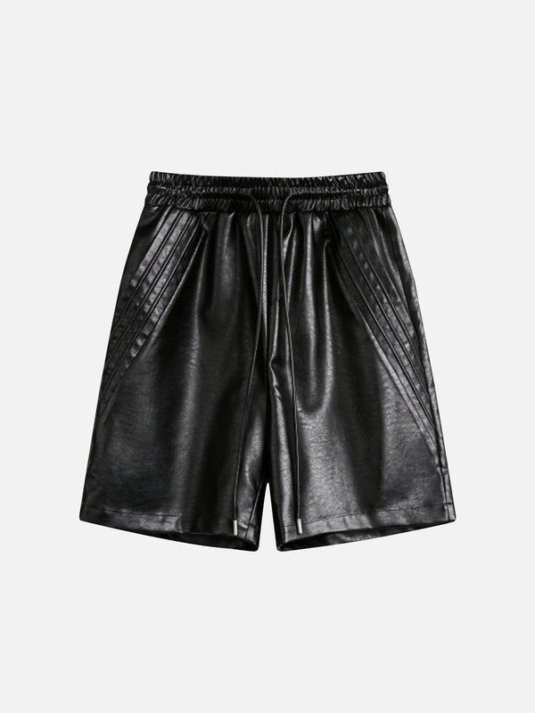 Front view of black drawstring faux leather shorts by TALISHKO, ideal for chic summer style.