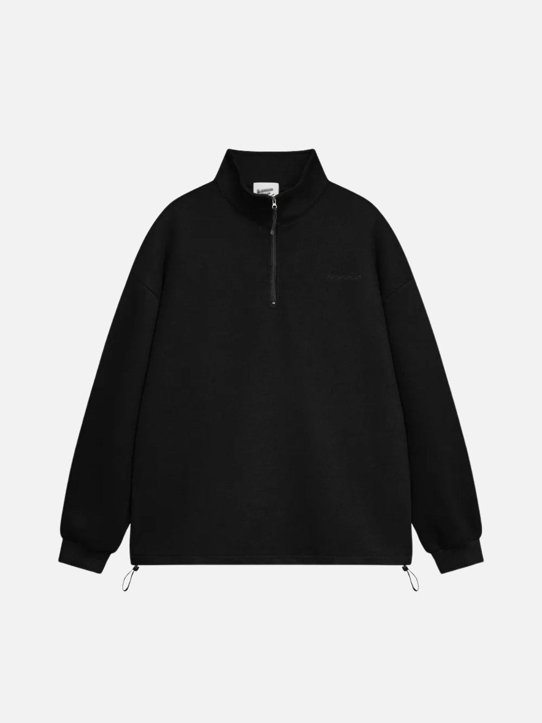 Front view of a black stand collar sweatshirt with drawstring hem, crafted by TALISHKO.