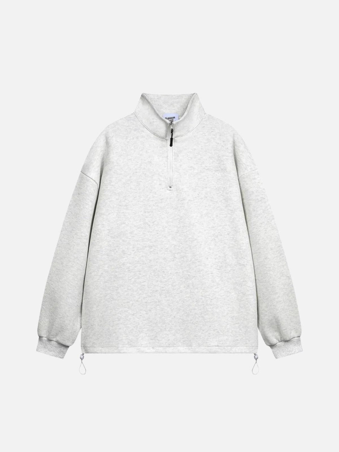 Front view of a gray stand collar sweatshirt featuring a drawstring hem by TALISHKO.