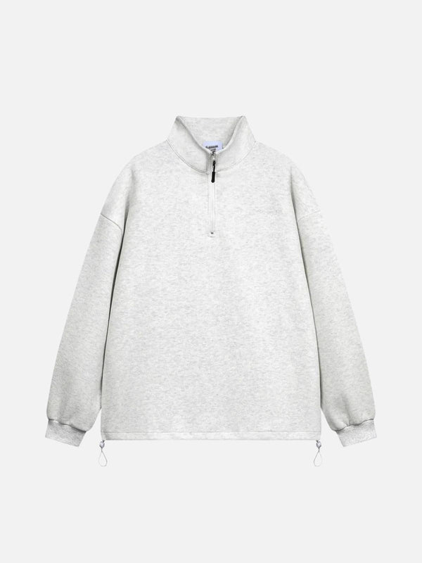 Front view of a gray stand collar sweatshirt featuring a drawstring hem by TALISHKO.