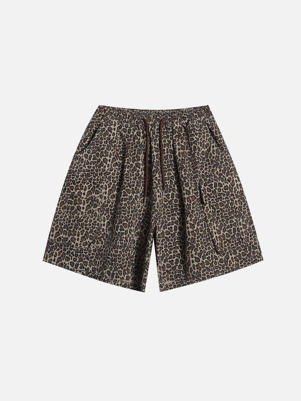 Front view of coffee-colored leopard print shorts by TALISHKO, featuring a drawstring waist.