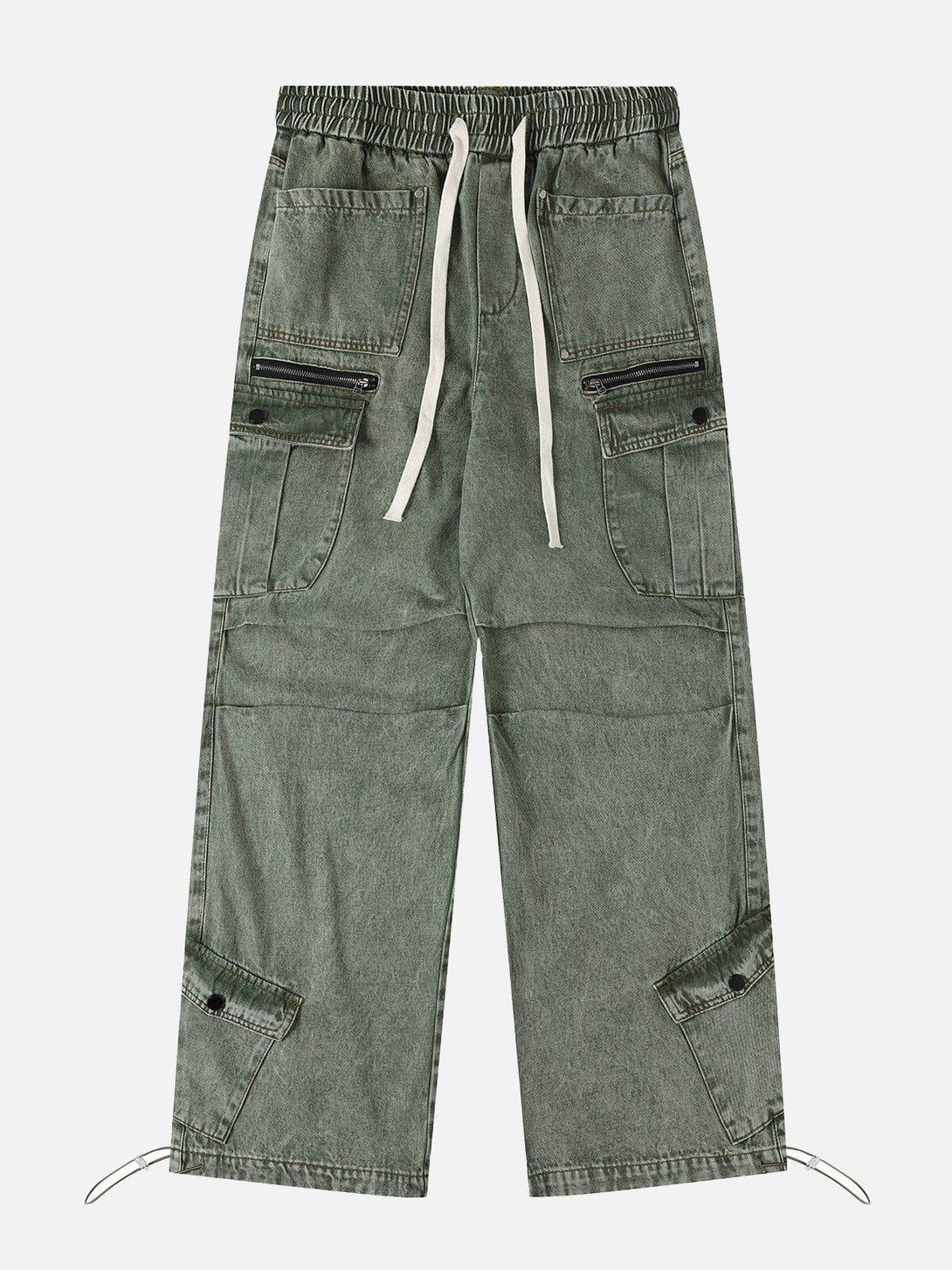 Front view of TALISHKO green drawstring loose cargo jeans, featuring multiple pockets.