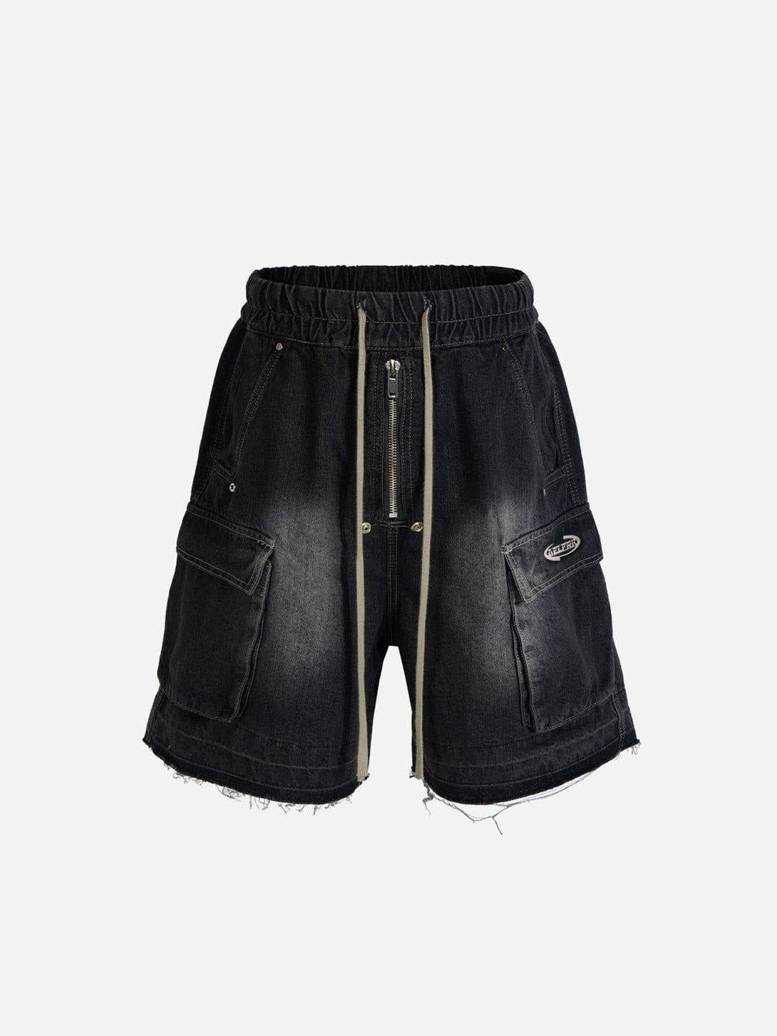 Front view of black drawstring washed jorts by TALISHKO, featuring large side pockets.