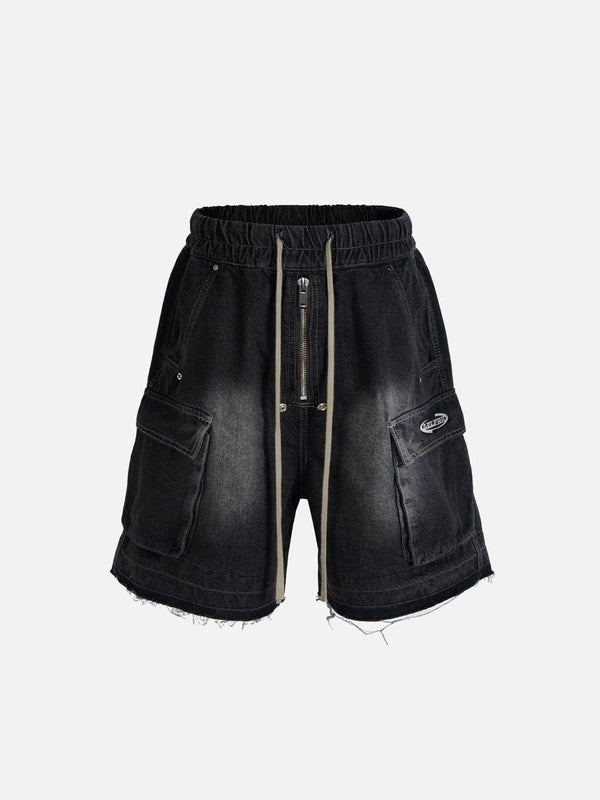 Front view of black drawstring washed jorts by TALISHKO, featuring large side pockets.