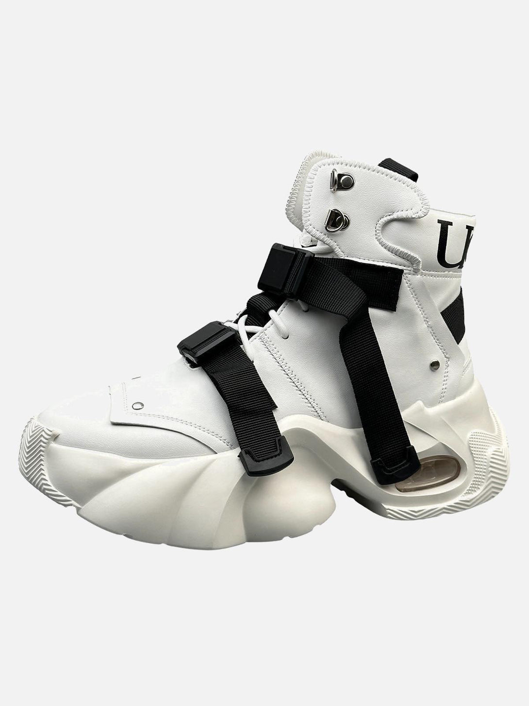 Front view of white dual-strap stealth runner boots by TALISHKO, featuring bold, futuristic design.