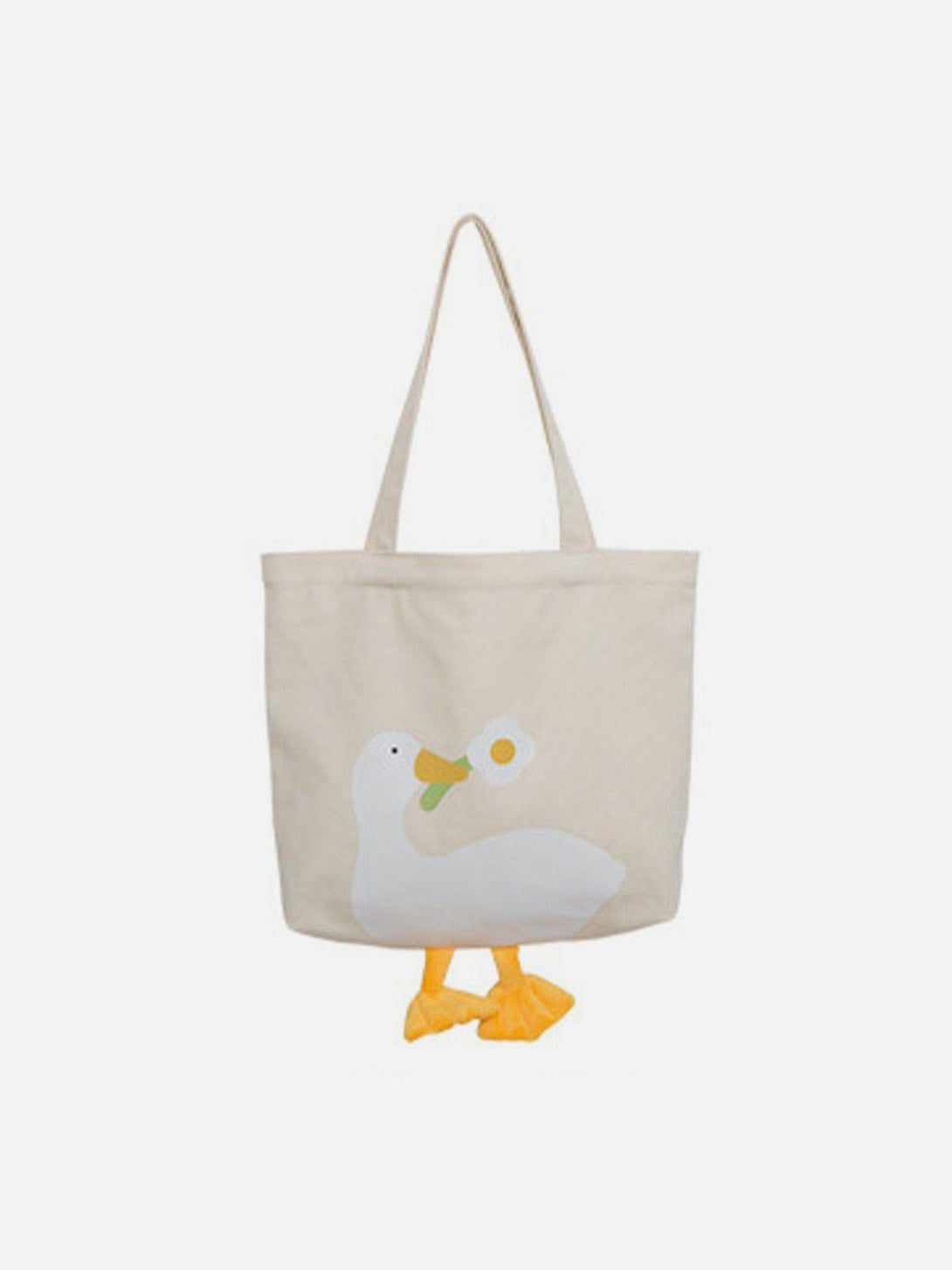 Front view of a beige canvas bag with a duck design by TALISHKO, perfect for casual style.