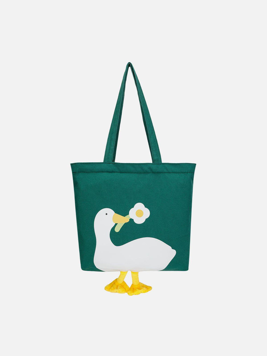 Front view of a green canvas bag by TALISHKO featuring a duck and flower design, ideal for casual outings.