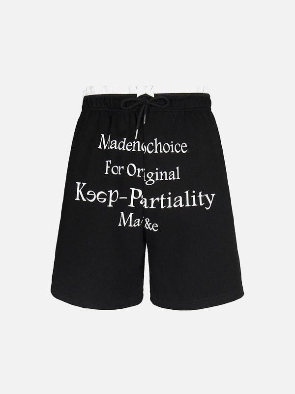 Front view of black elastic shorts with bold lettering by TALISHKO, offering a casual vibe.