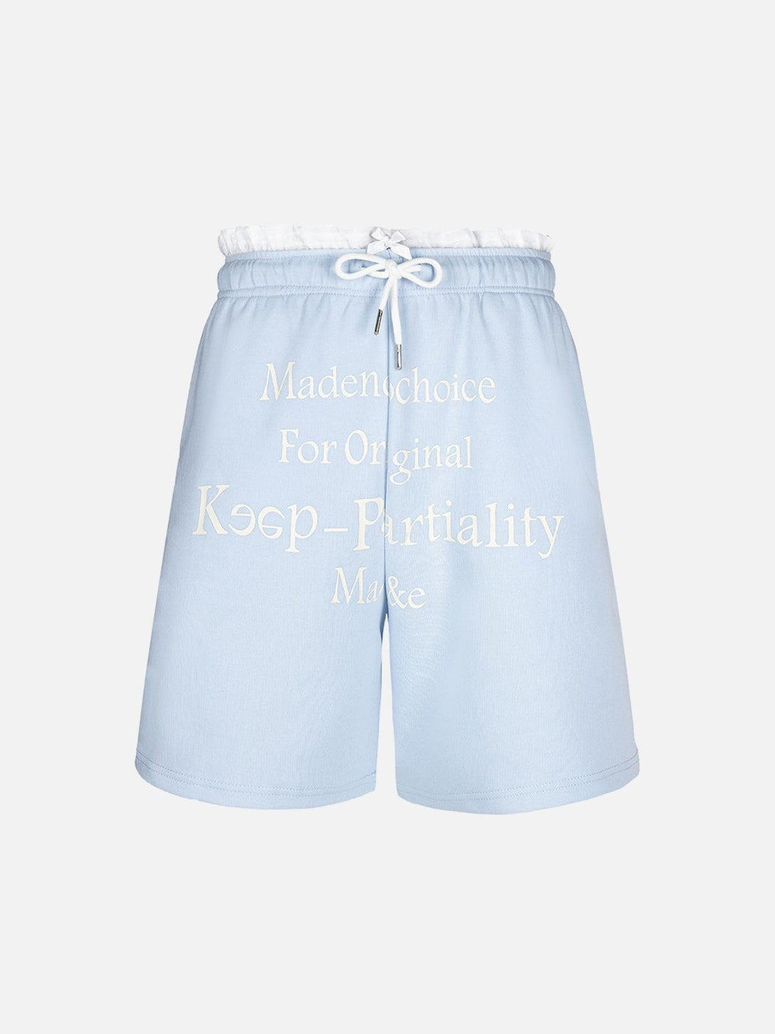 Front view of blue elastic shorts with white lettering by TALISHKO, featuring a double waist design.