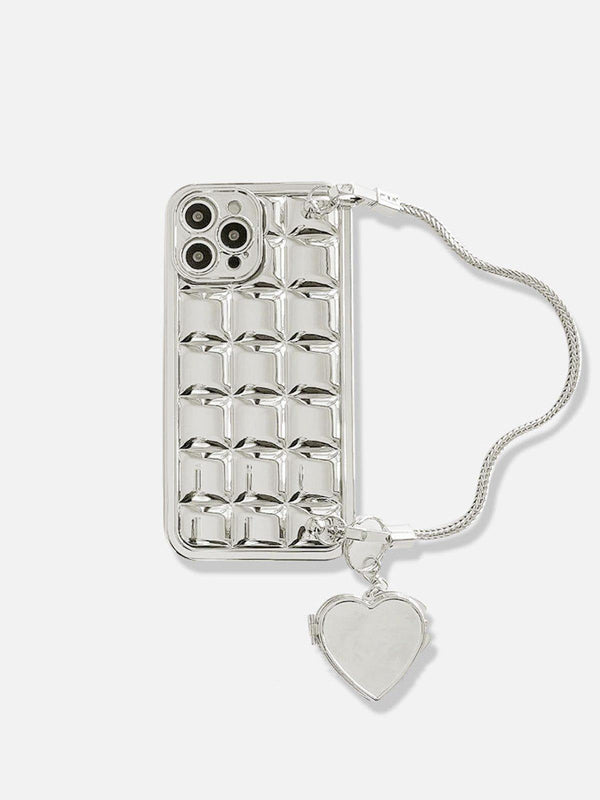 Silver mobile phone case with heart chain detail by TALISHKO, showcasing an electroplate block design.