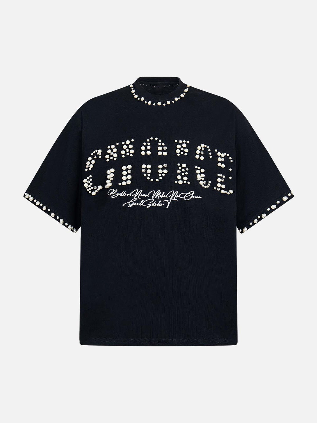 Front view of a black oversized T-shirt with pearl embellishments by TALISHKO, perfect for warm days.