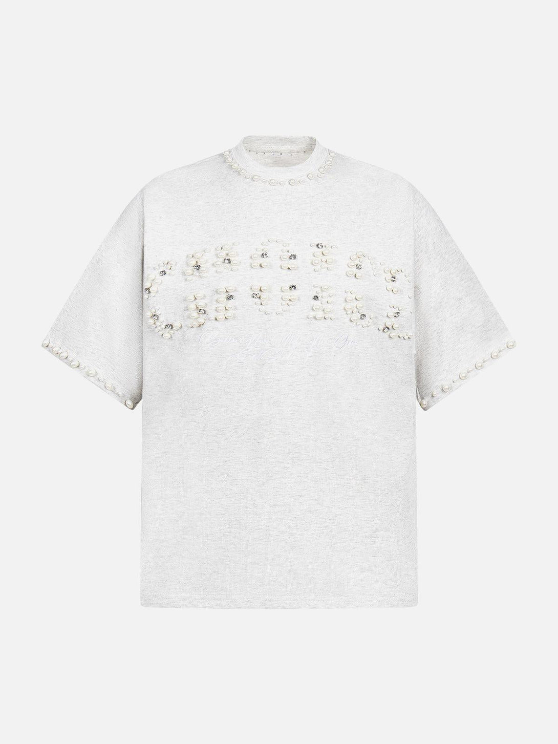Front view of a gray oversized T-shirt with pearl accents by TALISHKO, ideal for sunny days.