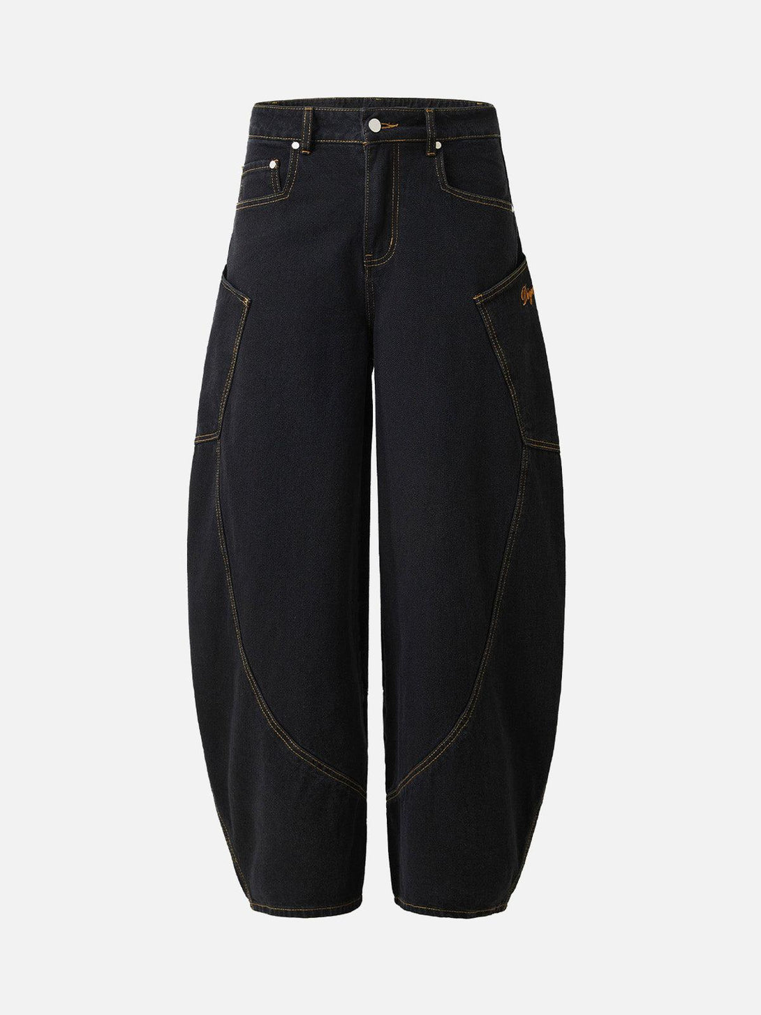 Front view of black barrel leg jeans by TALISHKO, featuring unique stitching and embroidered details.