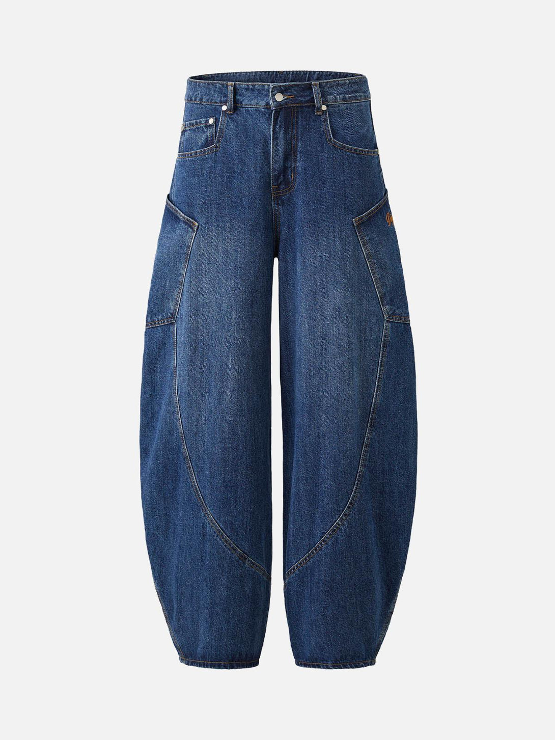 Front view of dark blue barrel leg jeans by TALISHKO, featuring unique stitching details.