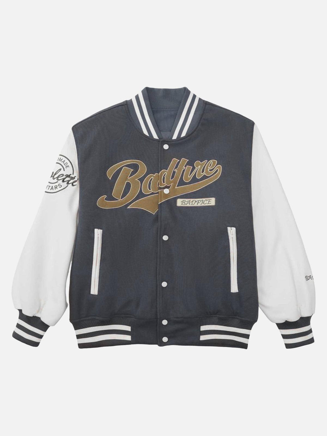 Front view of a gray embroidered baseball bomber jacket by TALISHKO, featuring bold lettering.