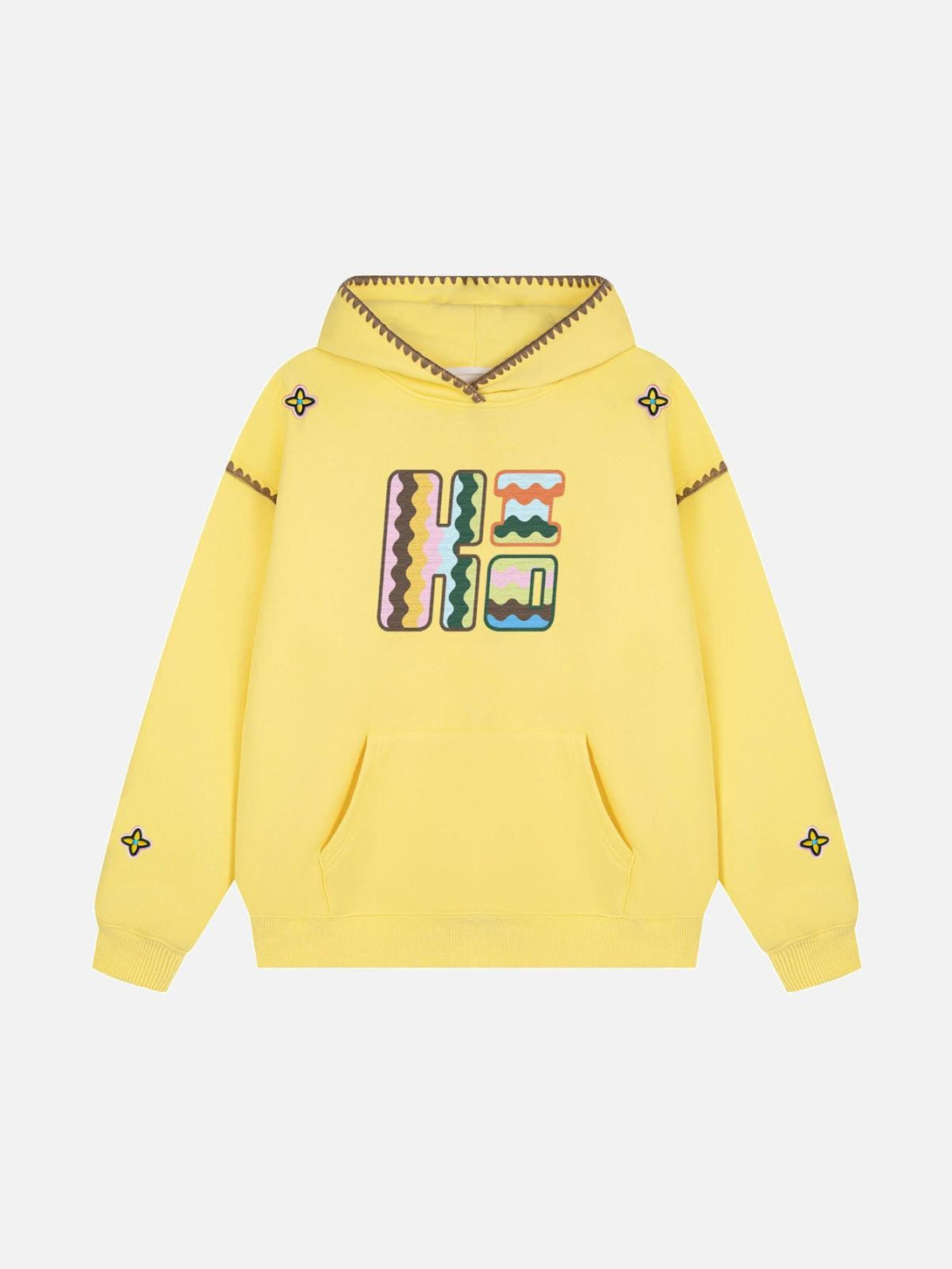 Front view of a yellow embroidered hoodie by TALISHKO, featuring colorful abstract designs.