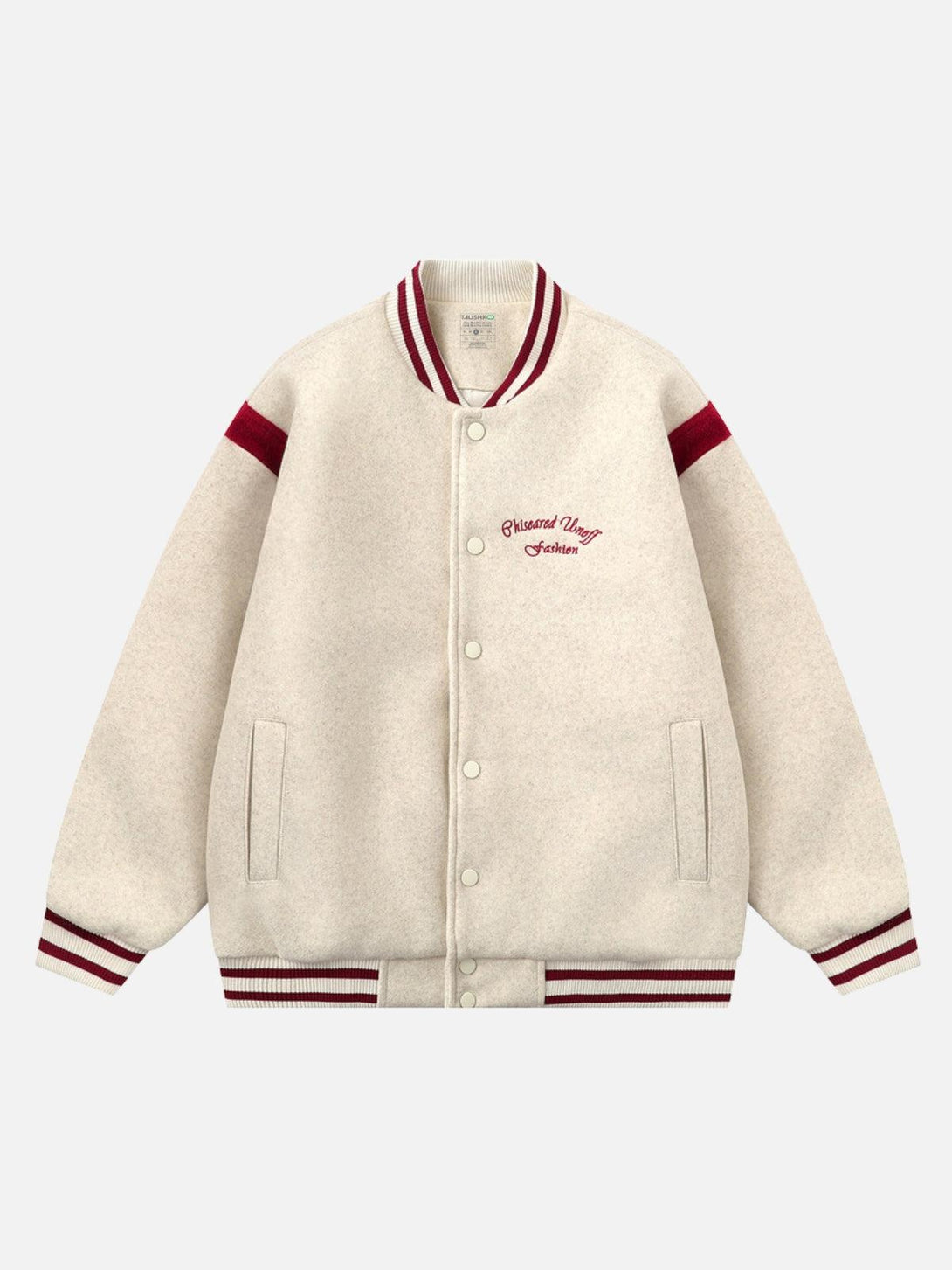 Front view of beige varsity jacket with burgundy accents by TALISHKO, featuring embroidery.