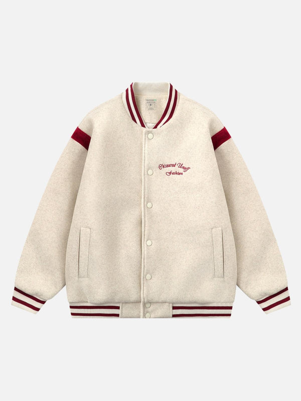 Front view of beige varsity jacket with burgundy accents by TALISHKO, featuring embroidery.