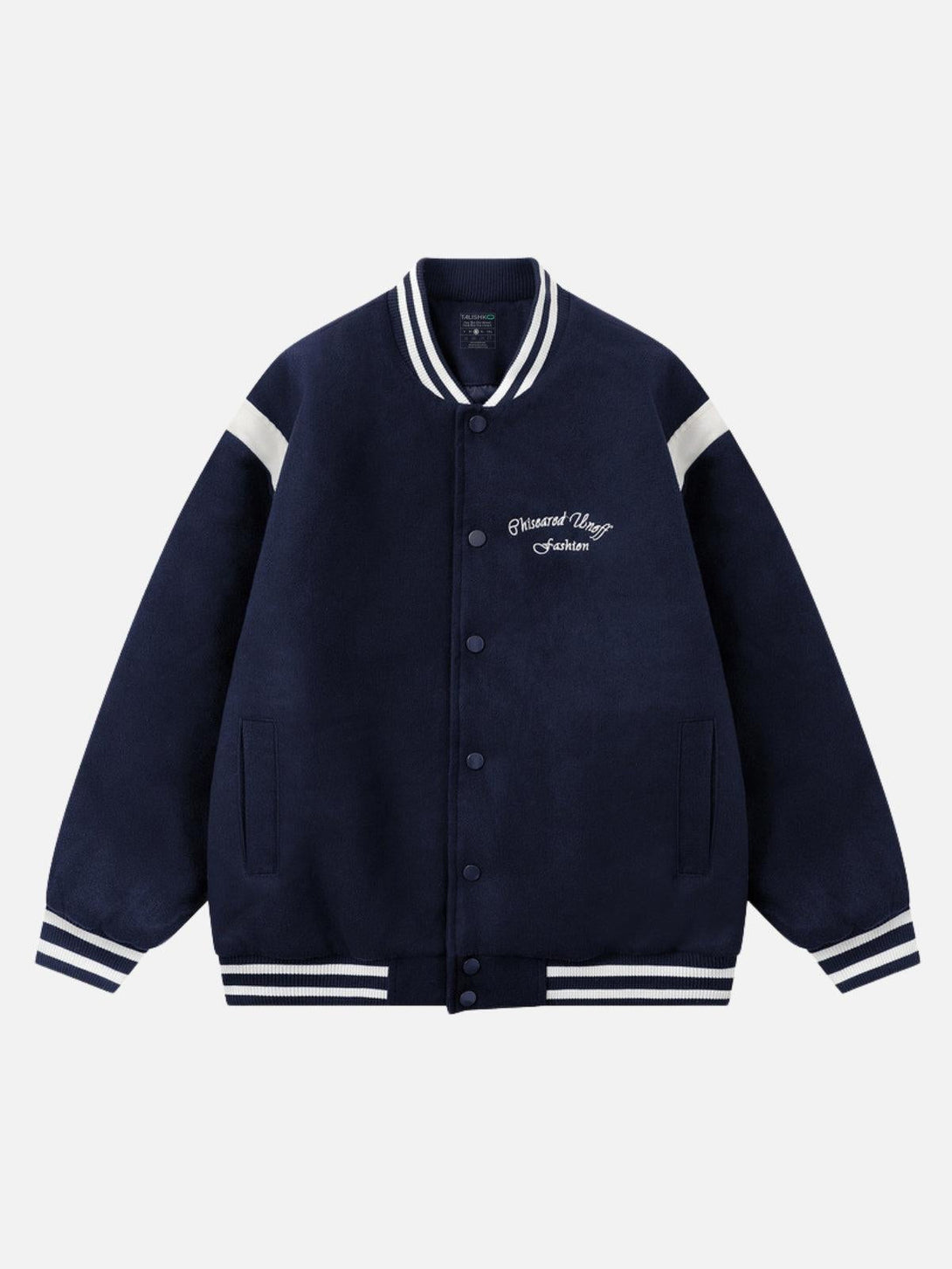 Front view of blue varsity jacket by TALISHKO, featuring contrast details and embroidery.
