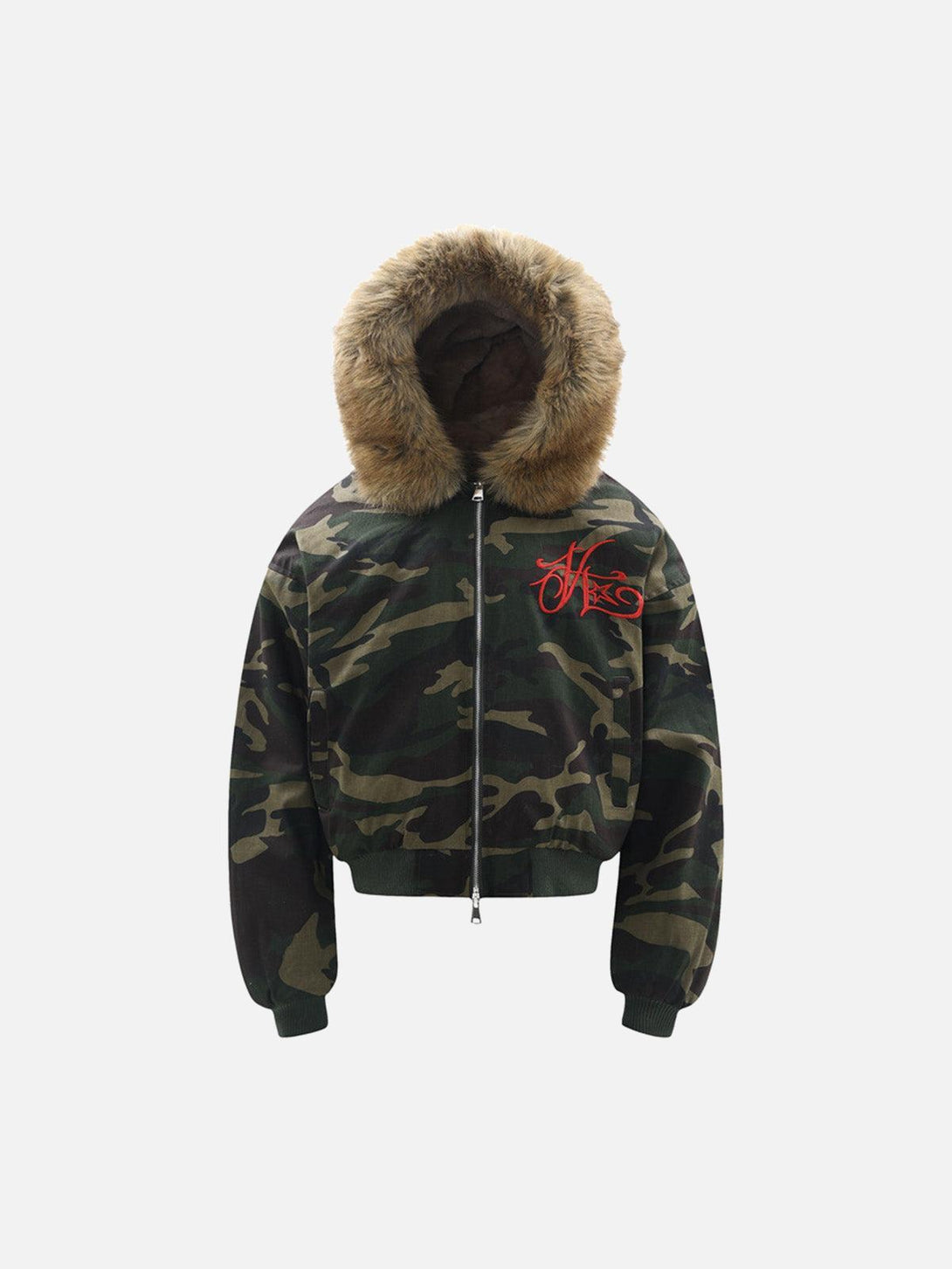 Front view of a green camo jacket with detachable fur hood and red embroidery by TALISHKO.