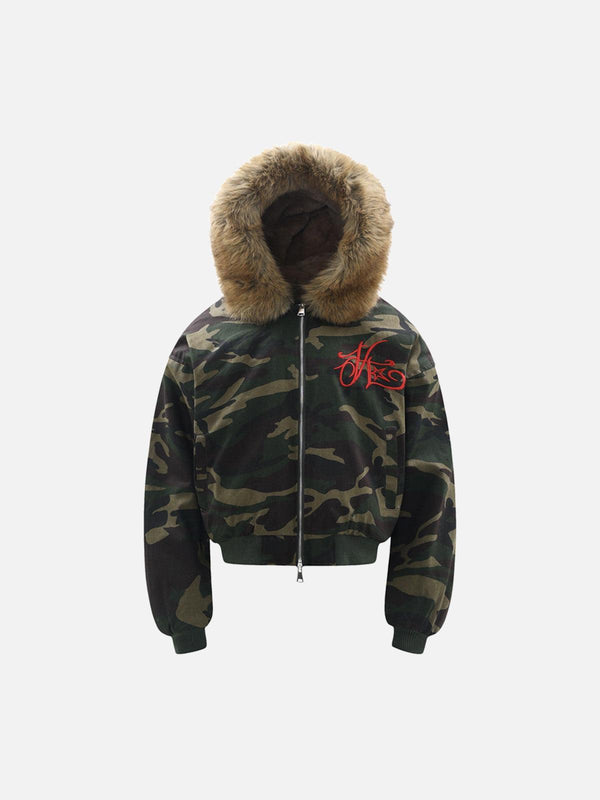 Front view of a green camo jacket with detachable fur hood and red embroidery by TALISHKO.