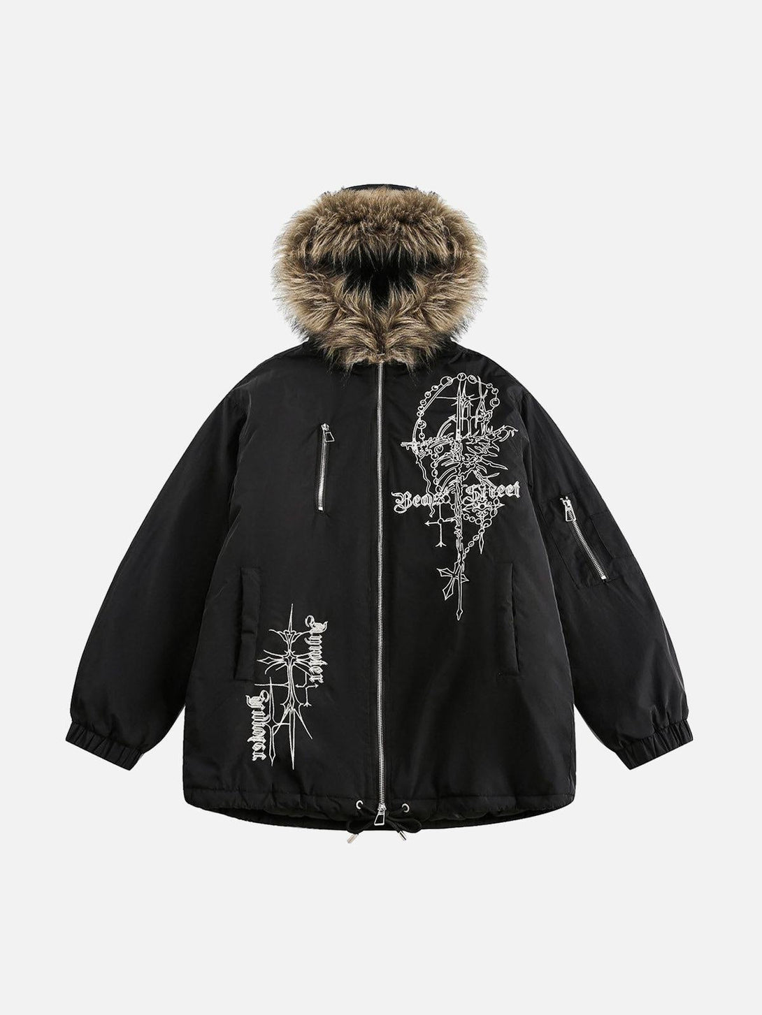 Front view of a black quilted jacket with fur hood and embroidery, designed by TALISHKO.