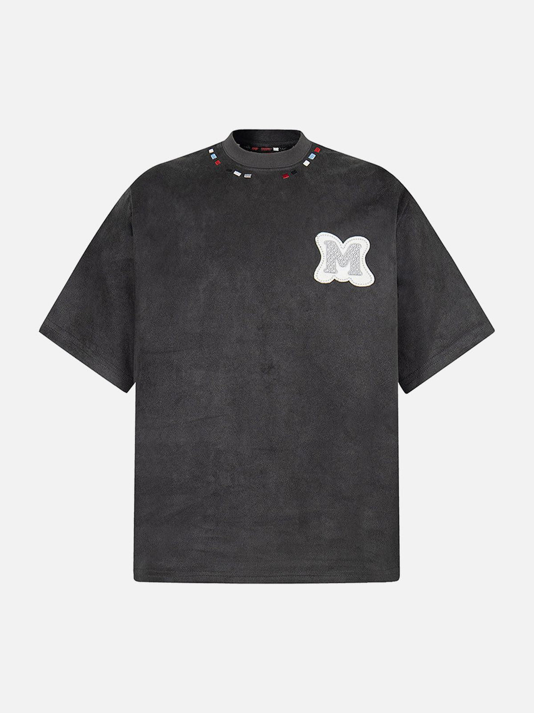 Front view of an oversized black T-shirt with embroidered neckline and logo by TALISHKO.