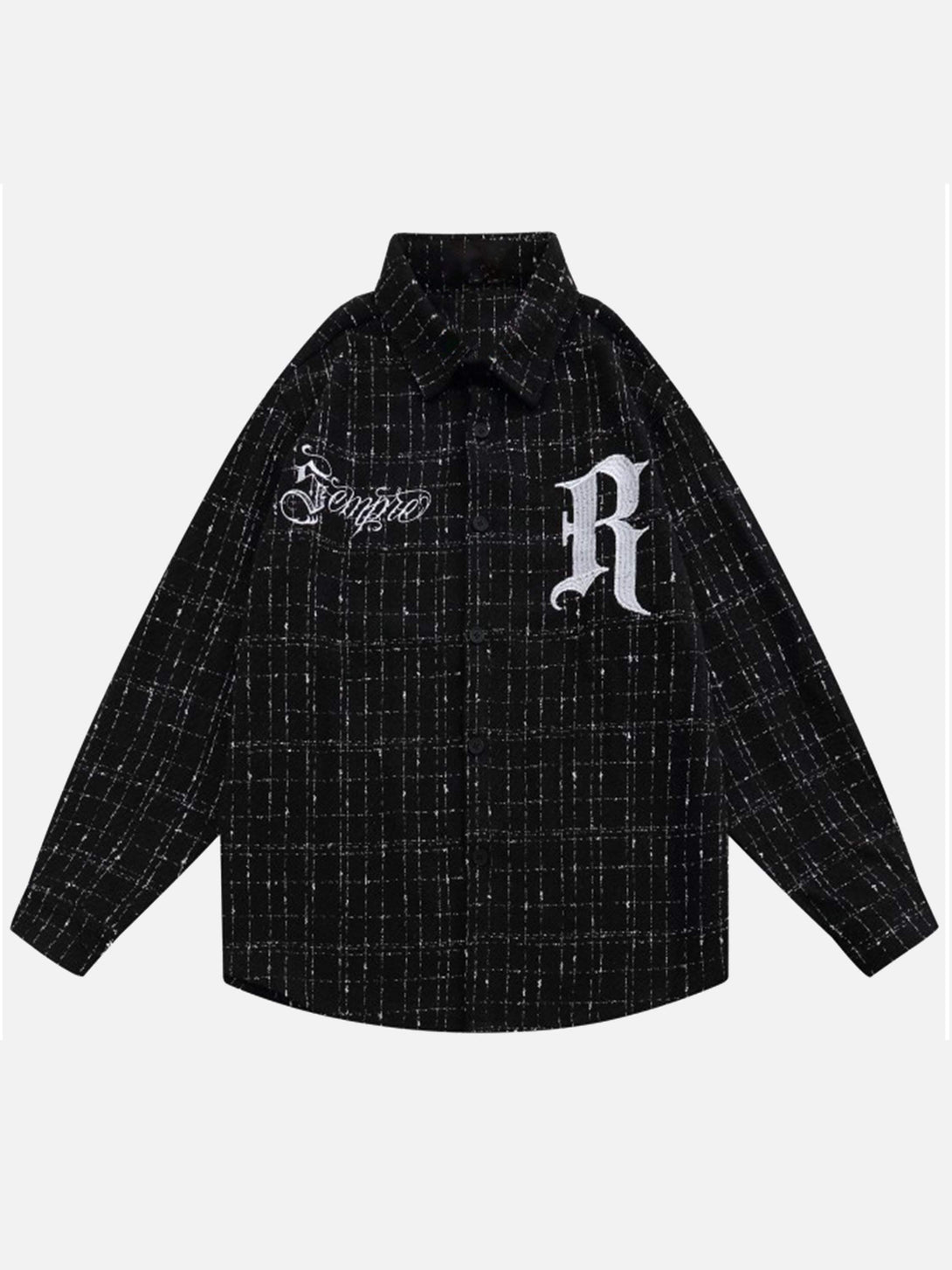 Front view of a black embroidered plaid shirt by TALISHKO, featuring bold lettering for urban style.