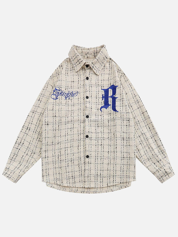 Front view of a white embroidered plaid shirt with blue accents by TALISHKO, perfect for casual styling.