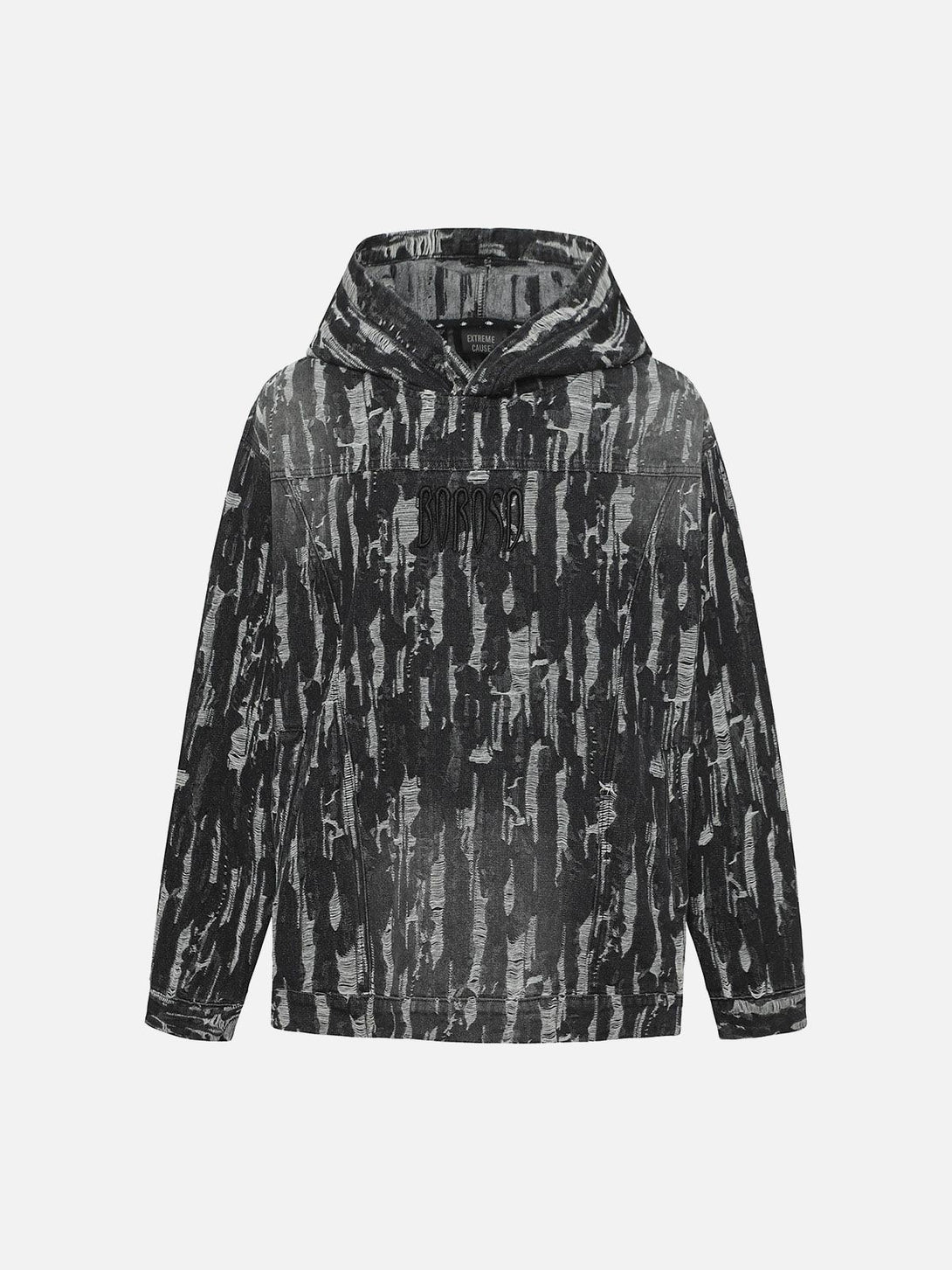 Front view of a black washed denim hoodie by TALISHKO, showcasing a unique embroidered design.