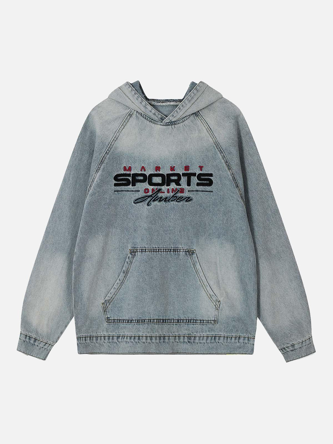 Blue denim hoodie with embroidered text by TALISHKO, showcasing a washed, distressed front.