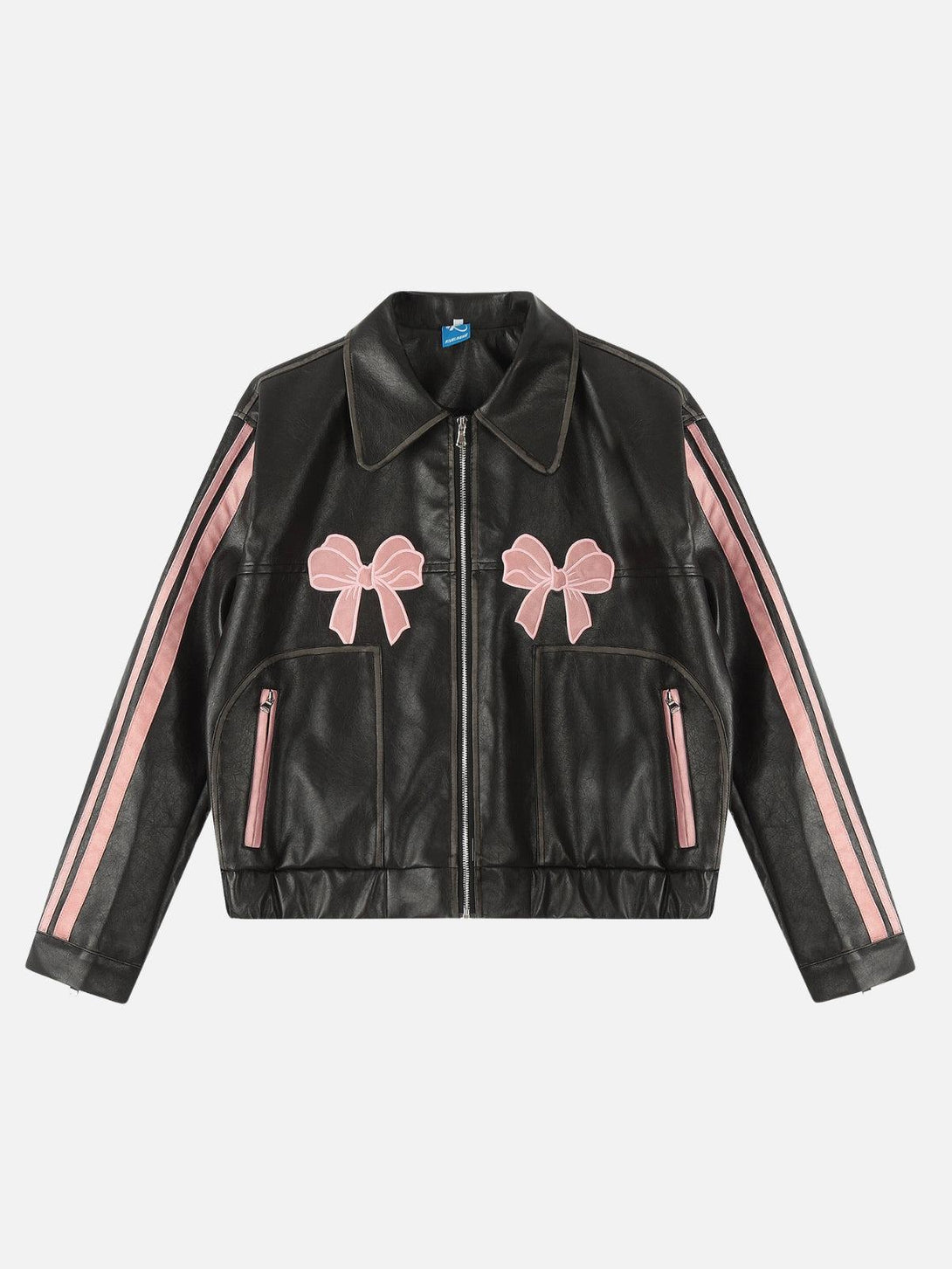 TALISHKO faux leather jacket in black with pink bow embroidery, front view for chic urban style.