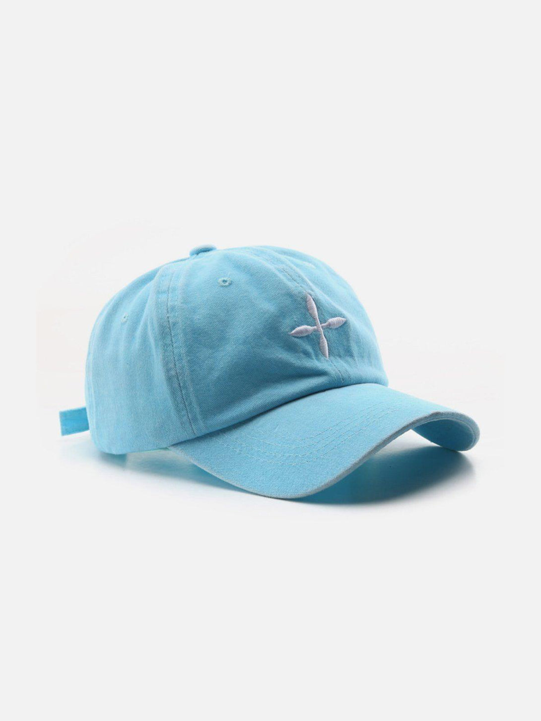 Light blue baseball cap by TALISHKO with embroidered crucifix, perfect for casual urban style.