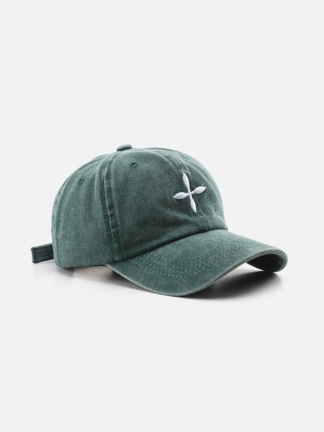 Green baseball cap by TALISHKO with embroidered crucifix, ideal for urban style.